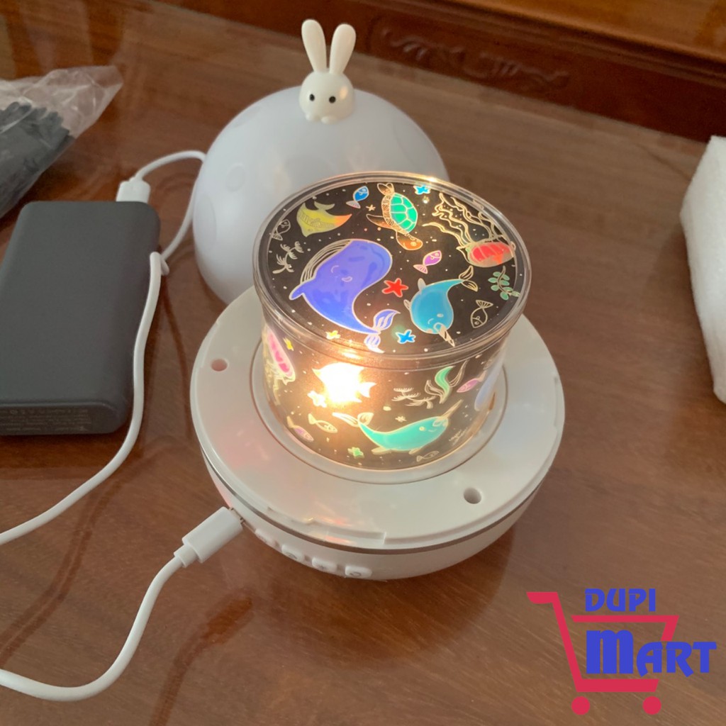 Đèn Ngủ Chiếu Sao Thỏ 3D Kèm 8 Chủ Đề Hình Chiếu Cổ Tích, Đại Dương,Sinh Nhật,Xoay Tự Động - Đèn Led Trang Trí Lãng Mạn