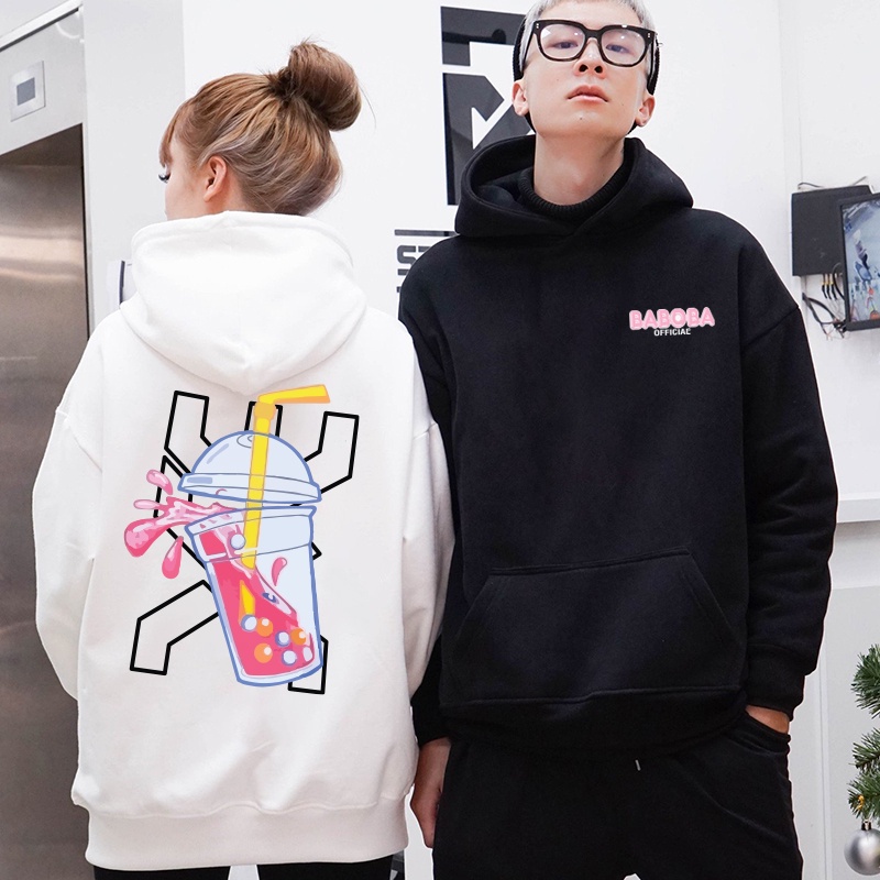 Áo Hoodie/sweater Boba Tea thu đông vải nỉ 2 màu đen trắng nam nữ Unisex in 2 mặt(v374)