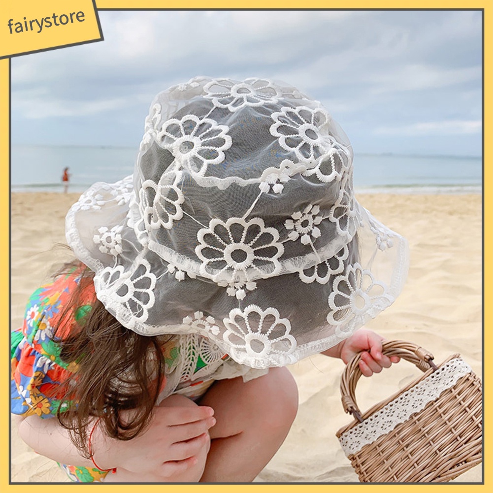Mũ rộng vành phối ren hoa chống nắng cho bé gái