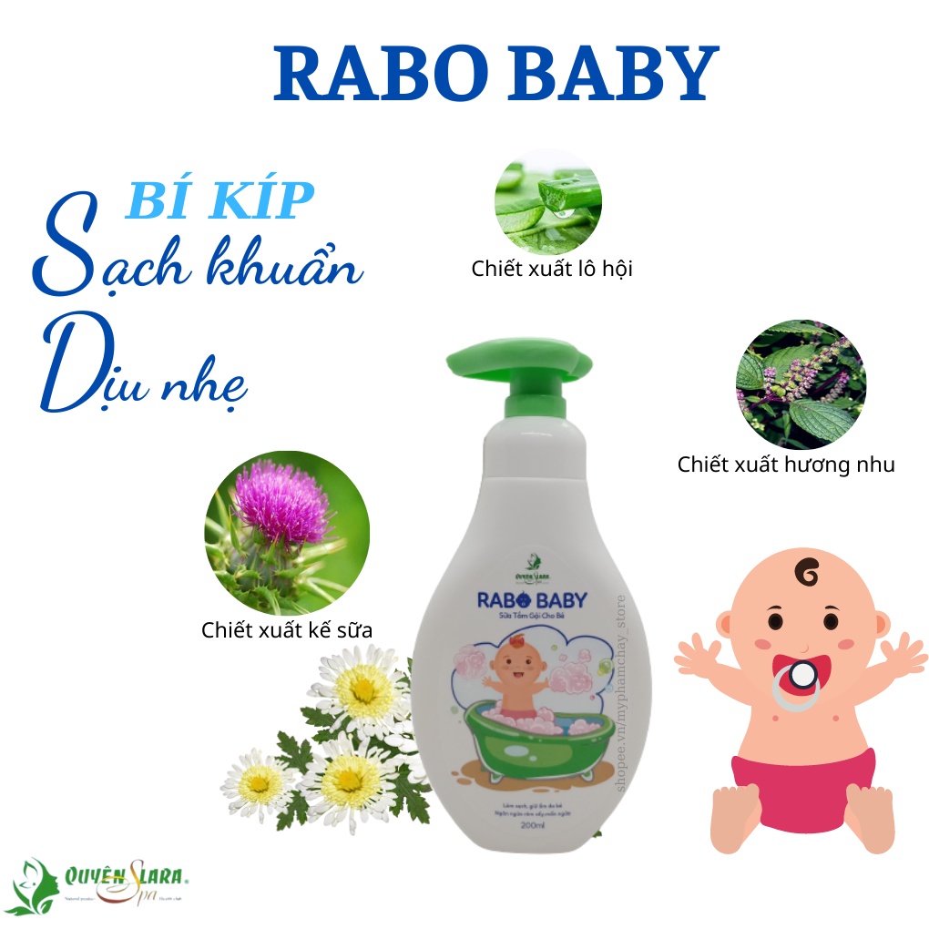 Sữa Tắm Gội Cho Bé Rabo Baby QUYÊN LARA Giúp Làm Sạch Dịu Nhẹ,Loại Bỏ Rôm Sảy,Mẩn Ngứa 200ml, Hàng Chính Hãng