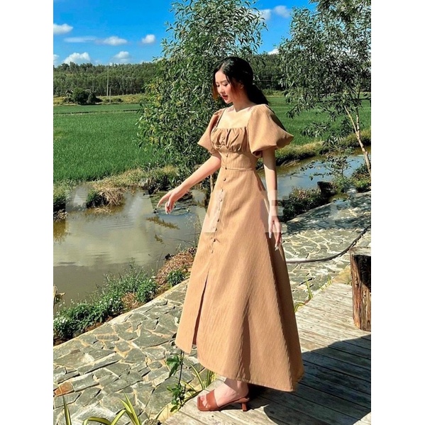 🤍ĐẦM MAXI BASIC TAY BỒNG NÚT BỌC