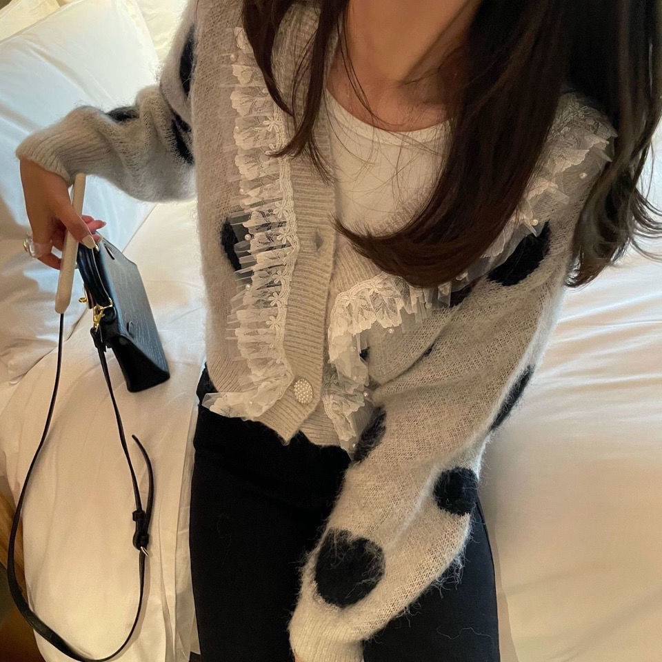 Áo khoác len cardigan ngắn dáng rộng phối ren thời trang mùa thu hàng mới dành cho bạn nữ 2021