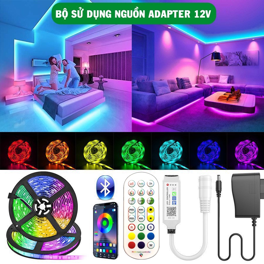 Đèn Led dây RGB 5050 full màu nháy theo nhạc điều khiển bằng App điện thoại qua Bluetooth + remote dài 3m, 5m, 10m