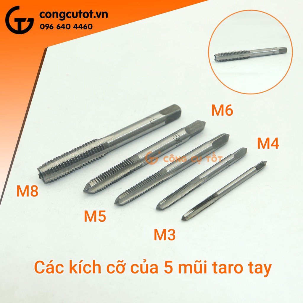 Bộ 5 mũi taro tay M3-M8 thép gió trắng