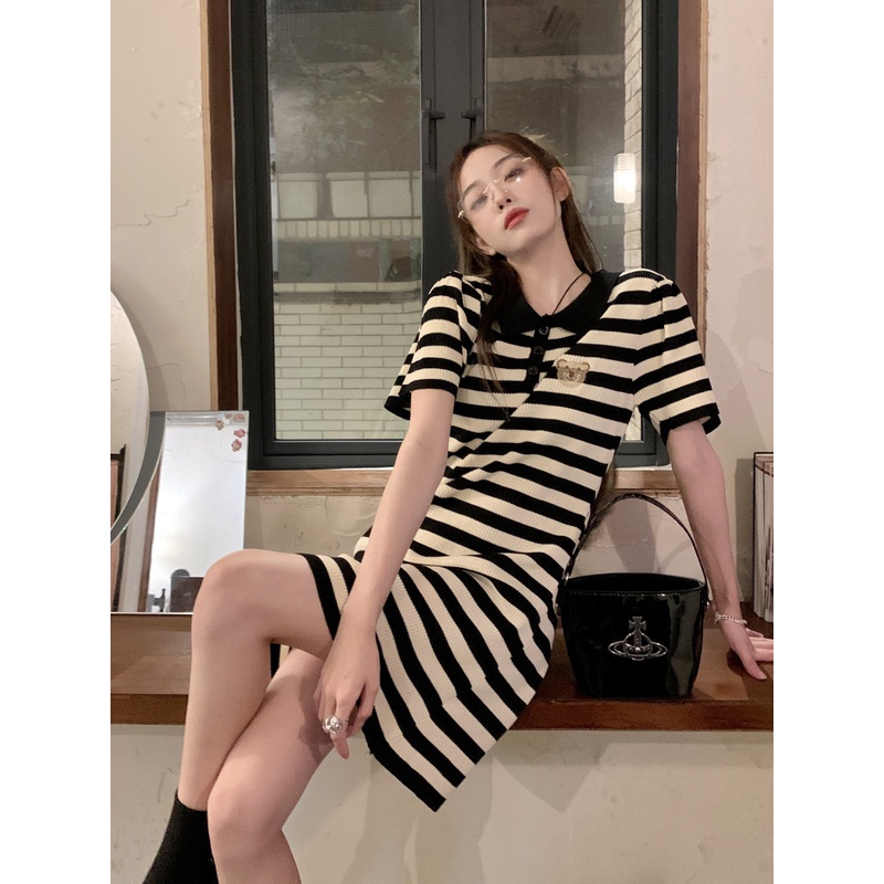 【ZHELIHANGFEI】Đầm Thun POLO Ngắn Tay Họa Tiết Sọc Thời Trang Dành Cho Nữ