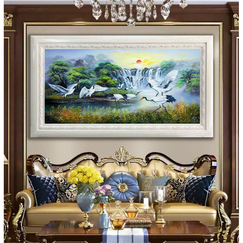 Tranh Sơn Dầu mẫu phong cảnh treo phòng khách sai lớn kèm khung cao cấp,