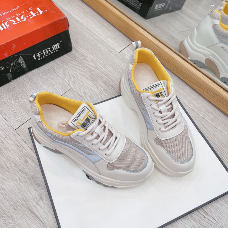 LoH(ẢMH THẬT) Giày Thể Thao Nữ Nâng Đế 6p Nâu Vàng Pha Lưới Da Mềm Êm Fullbox Cao Cấp