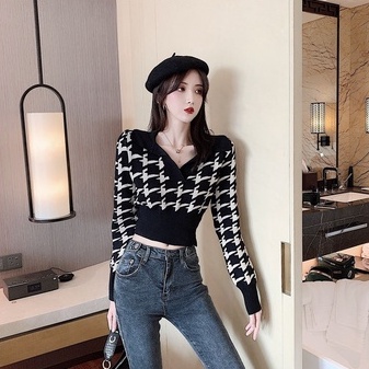 【ZHELIHANGFEI】Áo Sweater Dệt Kim Cổ POLO Tay Dài Thiết Kế Sang Trọng Cho Nữ