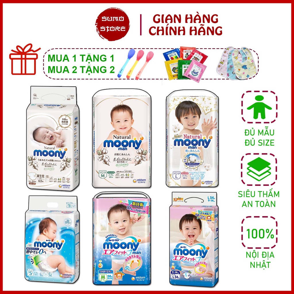 Bỉm dán/quần Moony Natural size NB63/S58/M46/L38/L36/XL32, xanh tiêu chuẩn, cộng miếng nội địa Nhật, Bông Organic