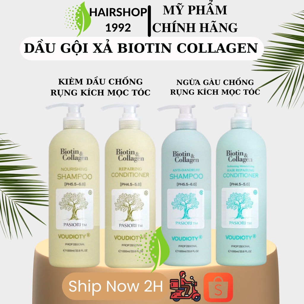 Cặp dầu gội xả Biotin Collagen 1000ml * 2 giảm rụng tóc hỗ trợ mọc tóc, phục hồi tóc hư tổn | Bộ dầu gội Biotin Collagen