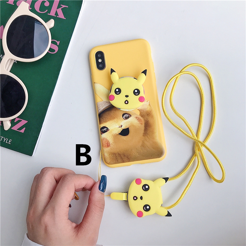 Ốp điện thoại mềm in hình Pikachu kèm giá đỡ và dây đeo cho Vivo Y91 V5S V7 Plus Y81 Y55S Y95 V9 Y71