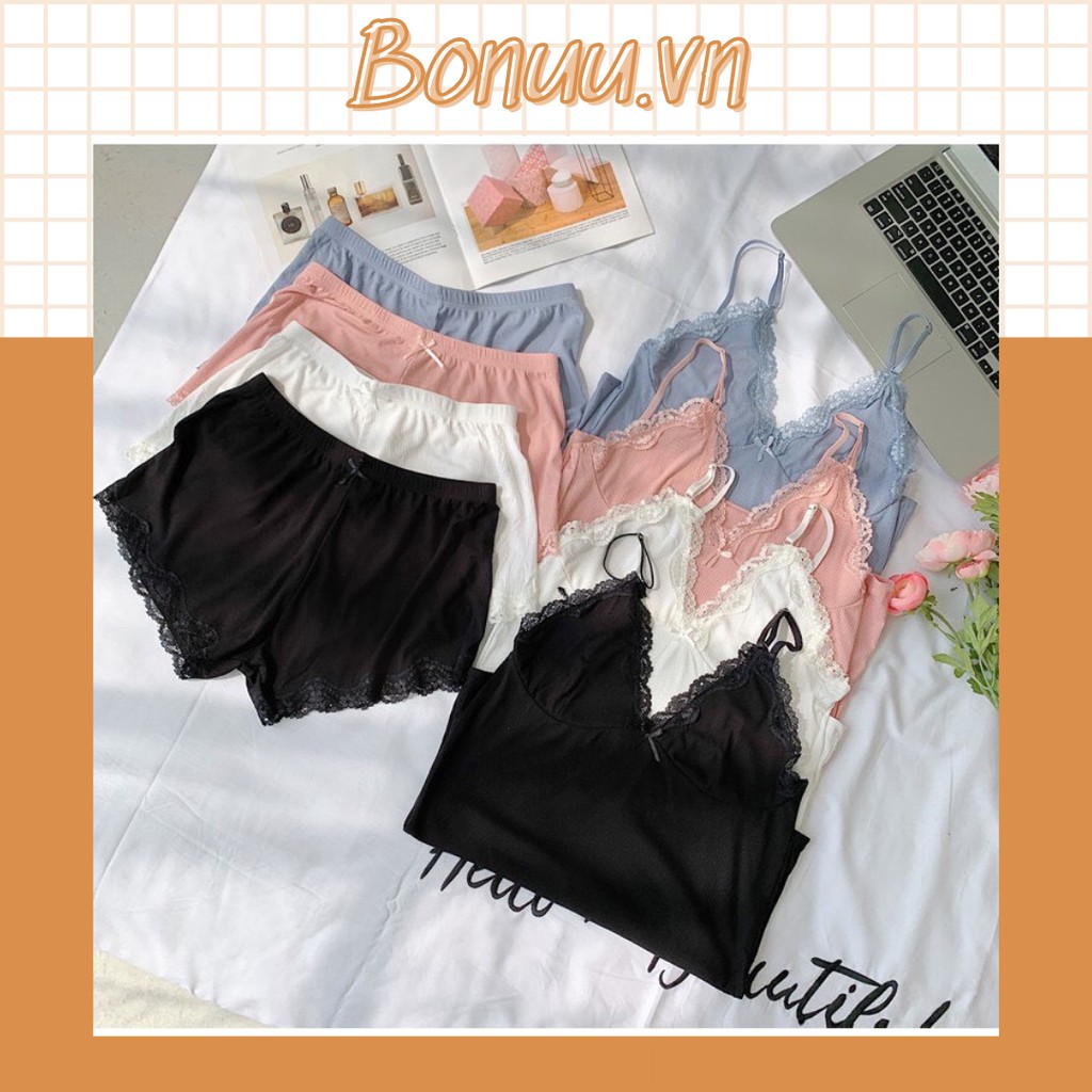 Bộ đồ ngủ 2 dây viền ren chất gân tăm mềm mát