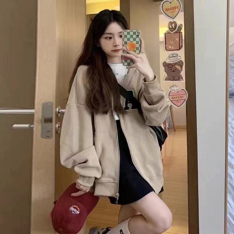 Áo Khoác Hoodie Thể Thao Phong Cách Retro Hàn Quốc Cho Nữ