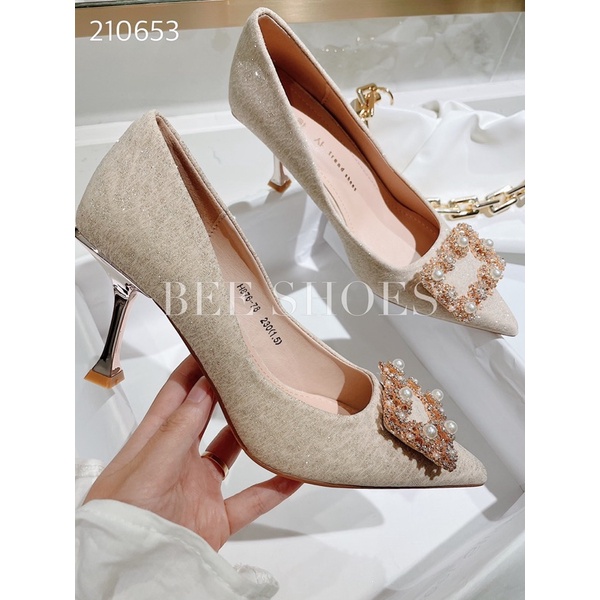 BEESHOES - GIÀY CAO GÓT NỮ MŨI NHỌN  - GIÀY CAO GÓT NỮ GÓT NHỌN CAO 7 PHÂN SẴN MÀU ĐEN - VÀNG  210653