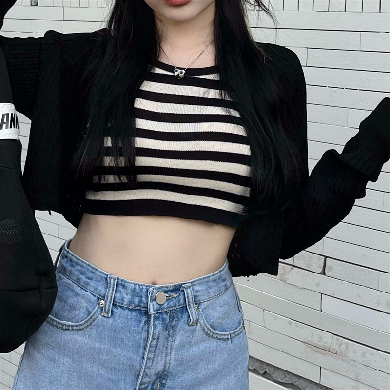 Kumikumi HUANG YOYO Áo Croptop Set Áo Hai Dây + Áo Khoác cardigan Dệt Kim Thời Trang Nữ Áo croptop