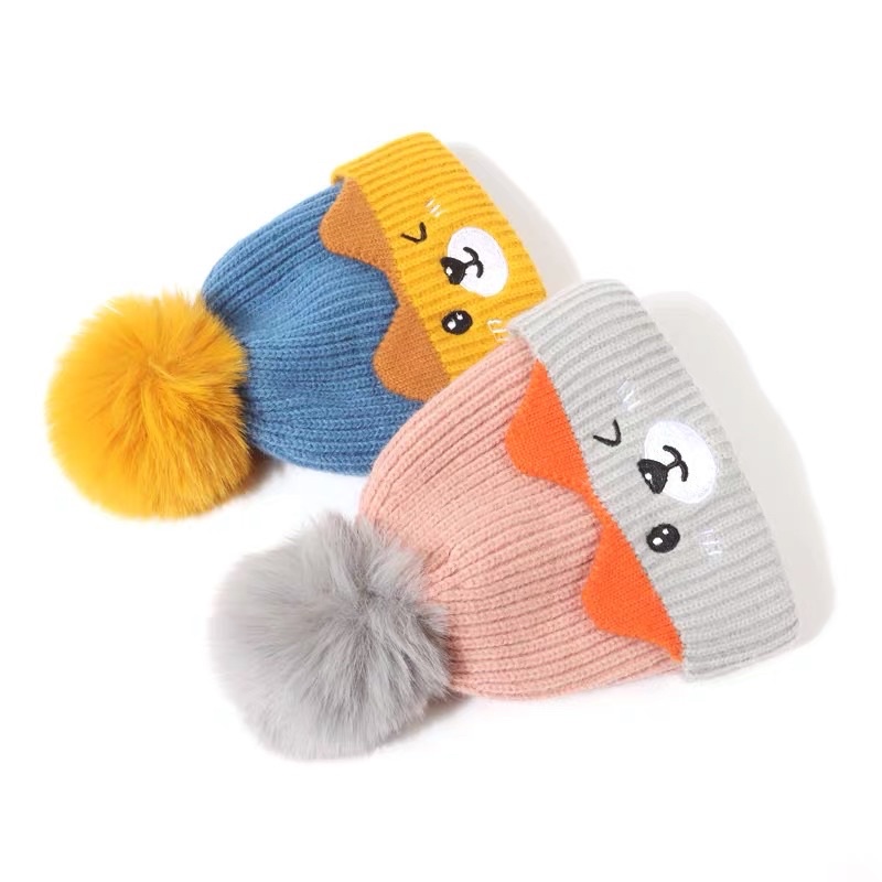 Mũ len trẻ em chóp quả bông tròn dệt kim , phù hợp 3 tháng - 3 tuổi