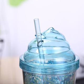 Glitters Pattern Double Layer Plastic Straw Bottle Innovative Gift Ice Cream Straw Bottle