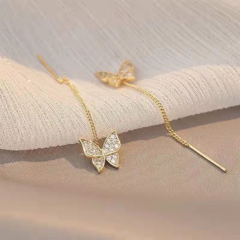 Bông Tai Dáng Dài Phối Tua Rua Hình Bướm Thời Trang Cao Cấp