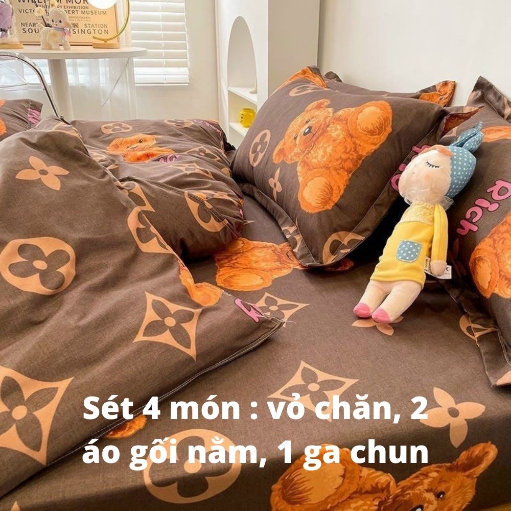 Bộ chăn ga gối cotton poly nhập khẩu Lidaco 4 món gấu nâu
