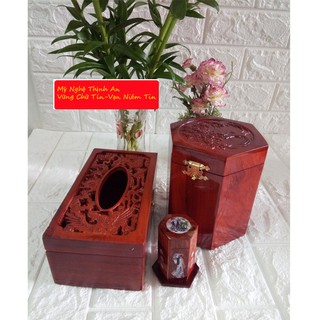 Bộ 3 món tiện ích bằng gỗ hương trạm khắc mặt hộp Trà lớn,hộp giấy chữ nhật,hộp tăm - 3MTL01