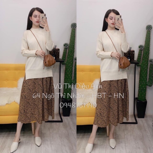 Set Áo len Chan váy da beo (ảnh thật)