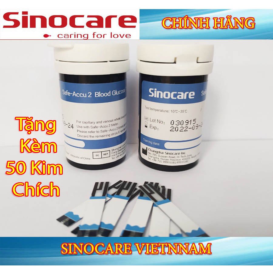 Que Thử Đường Huyết Safe Accu 2 Chính Hãng Sinocare 50 Que Thử + 50 Kim Chích Máu