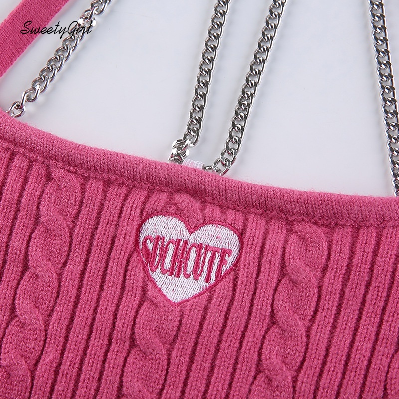 Áo hai dây dệt kim dáng ôm thêu họa tiết trái tim phối dây xích kim loại thời trang cho nữ