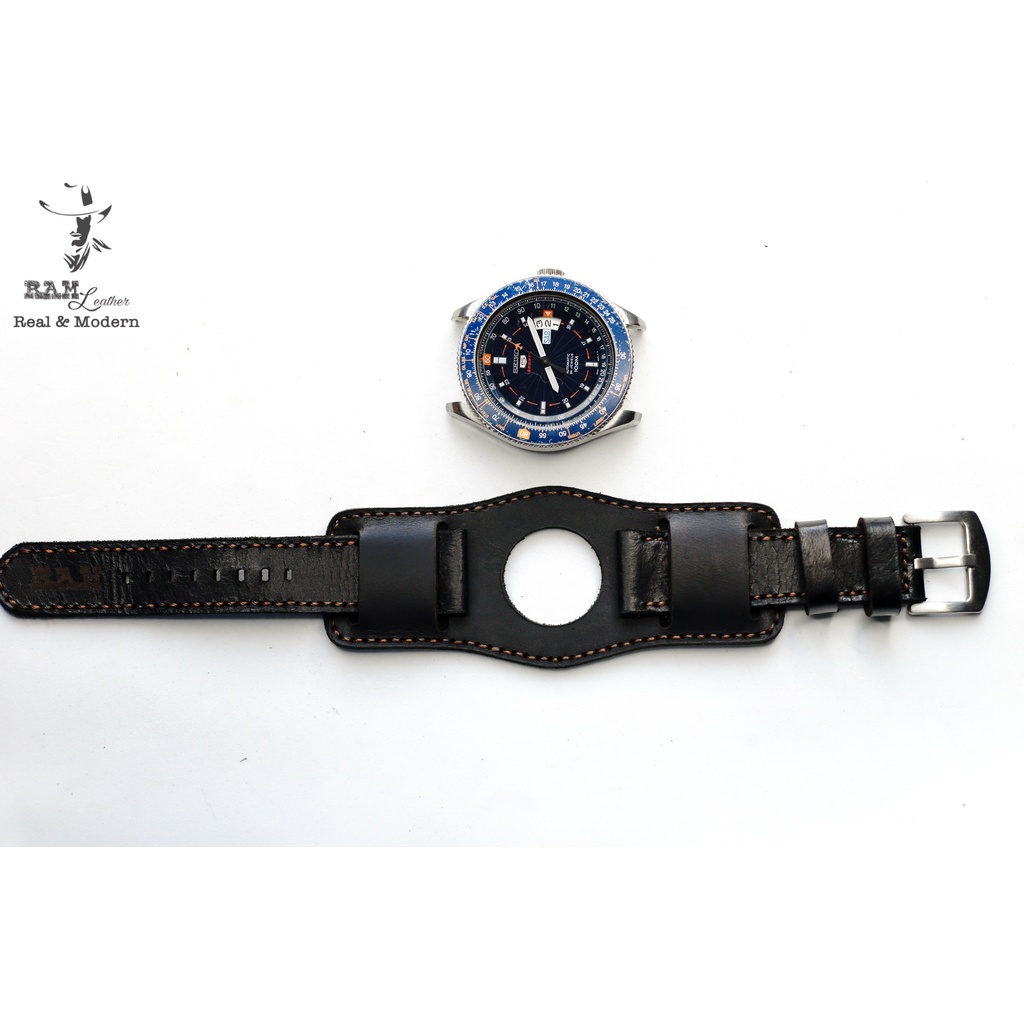 Combo Dây Đồng Hồ Da Bò RAM Leather Đen Tuyền Kiểu Quân Đội RAM Leather B2 Black  Bền Đẹp