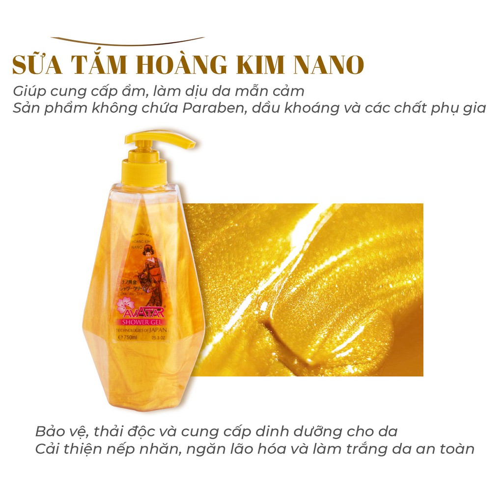 Sữa Tắm Vàng Hoàng Kim Nano Avatar - loại bỏ hắc tố, da sáng đều màu chống lão hóa da 750ml
