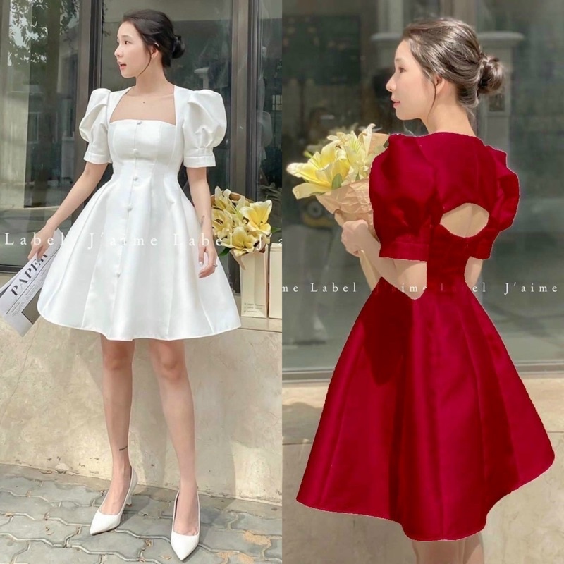 Đầm tafta tay bồng/phồng nút bọc khoét cut lưng, váy ngắn xoè trắng/đỏ sang trọng quý phái, thời trang đi chơi dự tiệc