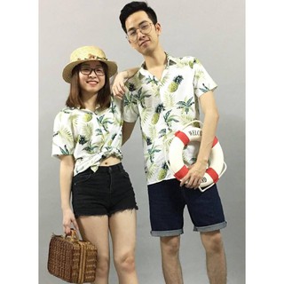 Áo Sơ mi Hawaii Dứa Trắng đi biển - Chất Đũi thoáng mát