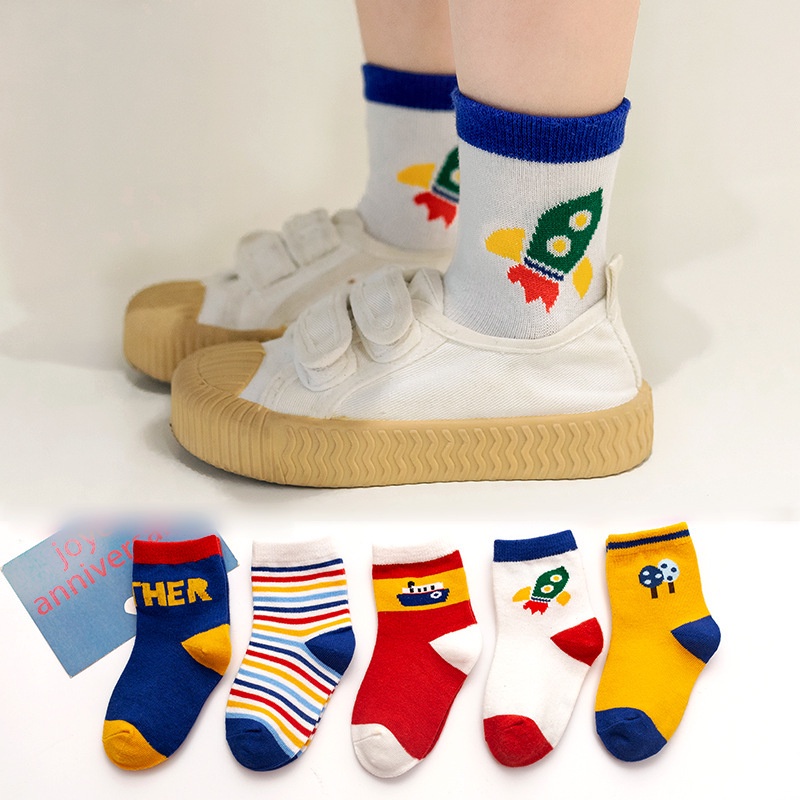 Set 5 Tất Cho Bé Trai Bé Gái In Hình Đáng Yêu Dày Ấm Cao Cổ Chất Cotton