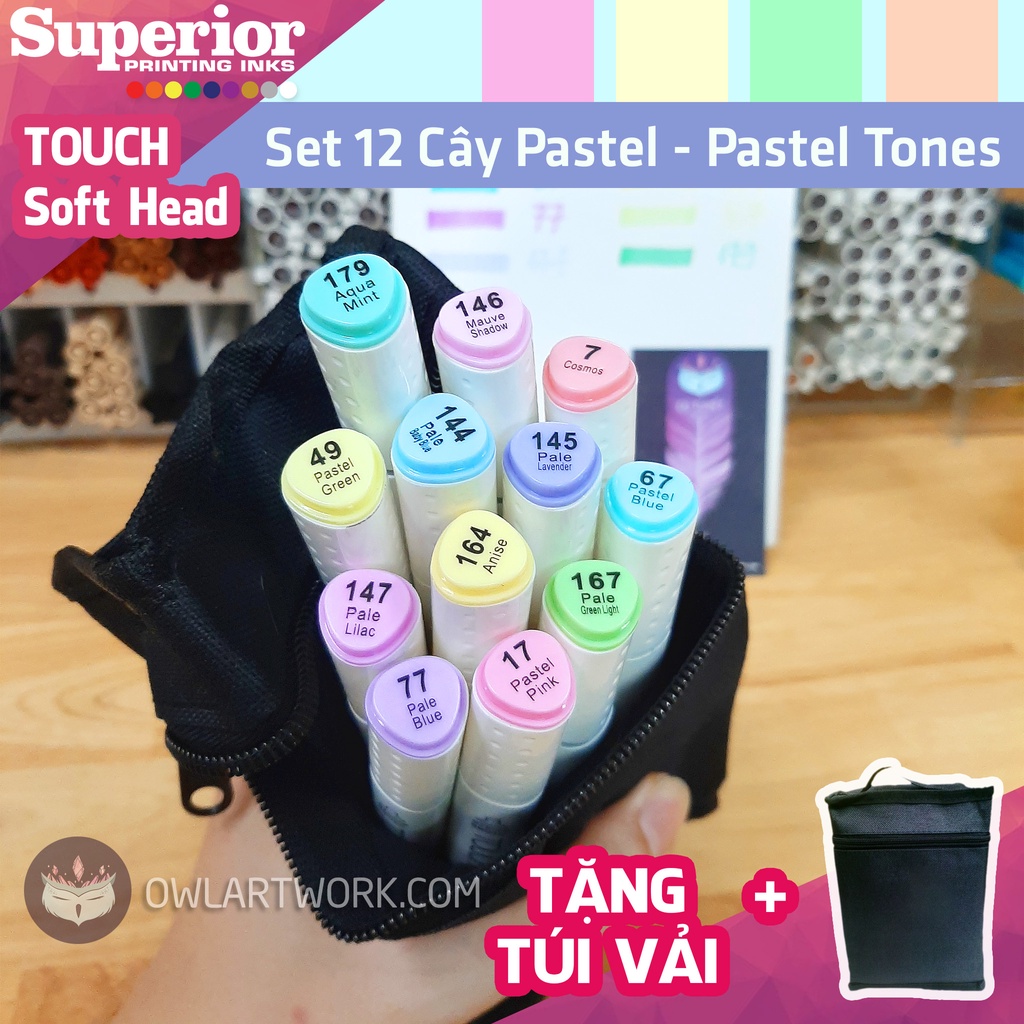 Bút Marker Touch Soft Head, set 12 cây màu Pastel - Tặng kèm túi vải