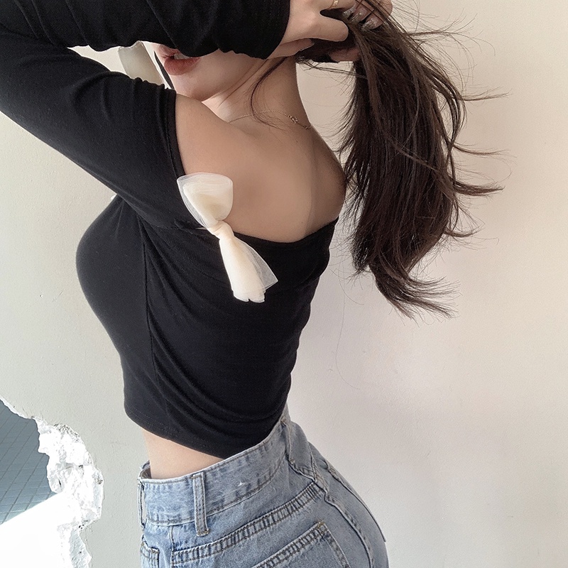 Áo thun bẹt vai tay dài cột nơ viền áo sexy mùa hè dành cho nữ / áo trễ vai thắt nơ AK44