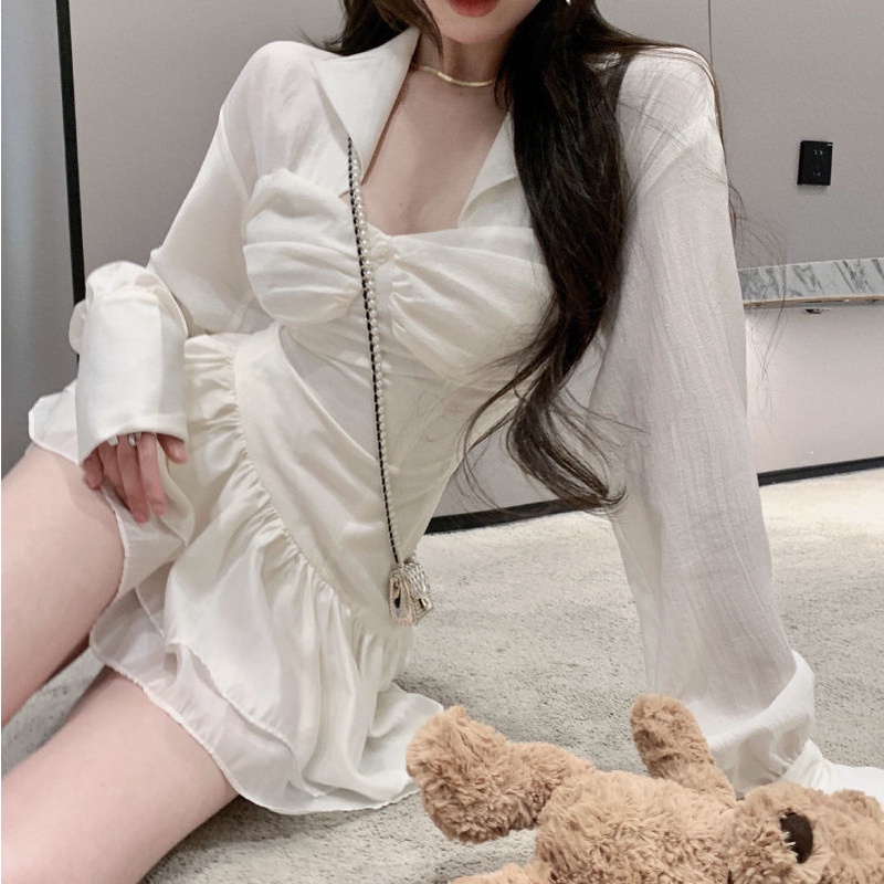 Đầm Ngắn Tay Dài Màu Sáng Sang Trọng Thời Trang Mùa Hè Quyến Rũ Cho Nữ