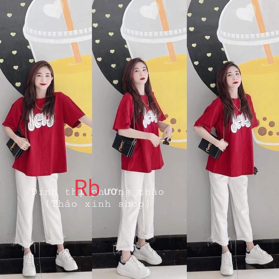 Set bộ nữ mặc nhà, đi chơi đi học siêu xinh,Set đồ bộ nữ YET đỏ áo phông rộng kèm quần ống rộng dài trắng