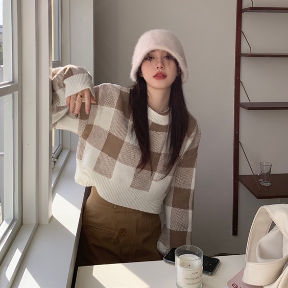 Áo sweater dệt kim cổ tròn tay dài dáng rộng họa tiết kẻ sọc thời trang dành cho nữ 46563