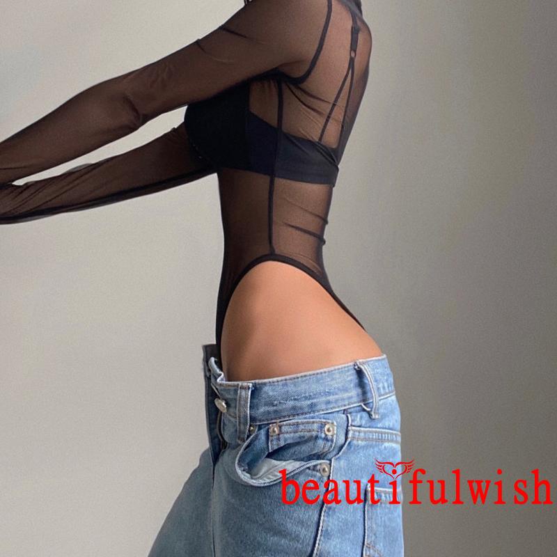 ❀EK☾Ladies Lapel Jumpsuit, Autumn Women Solid Color Mesh Perspective Long Sleeve Half Zipper Casual Bodysuit | BigBuy360 - bigbuy360.vn