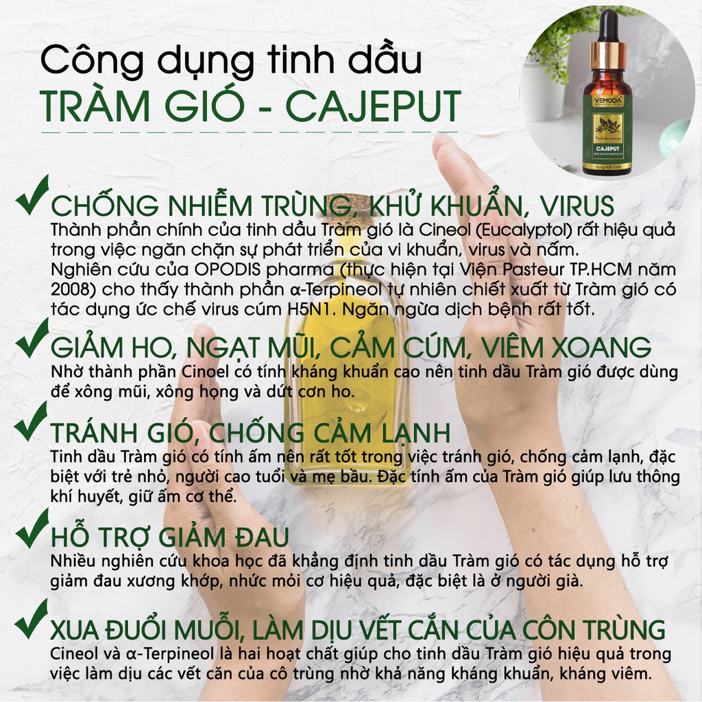 Dầu tràm cho bé cao cấp an toàn. Tinh dầu tràm gió Vemoda giúp giữ ấm, kháng khuẩn và chăm sóc bé yêu