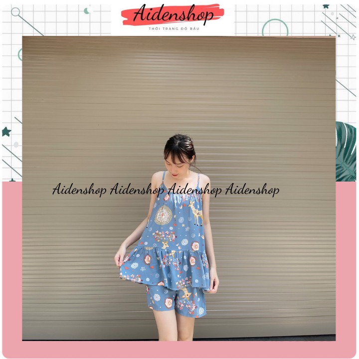 Bộ đồ bầu đẹp hai dây chất lanh mát mùa hè mặc nhà đồ bộ đùi bầu