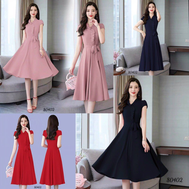 Đầm xoè cổ V đắp nhún bèo eo nơ _ Đầm thiết kế nhiều form size M.L.XL.2XL