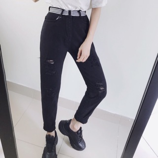 [SIZE 26~28] Quần Baggy Jean Đen Rách - Lưng Cao - Phom To Dài