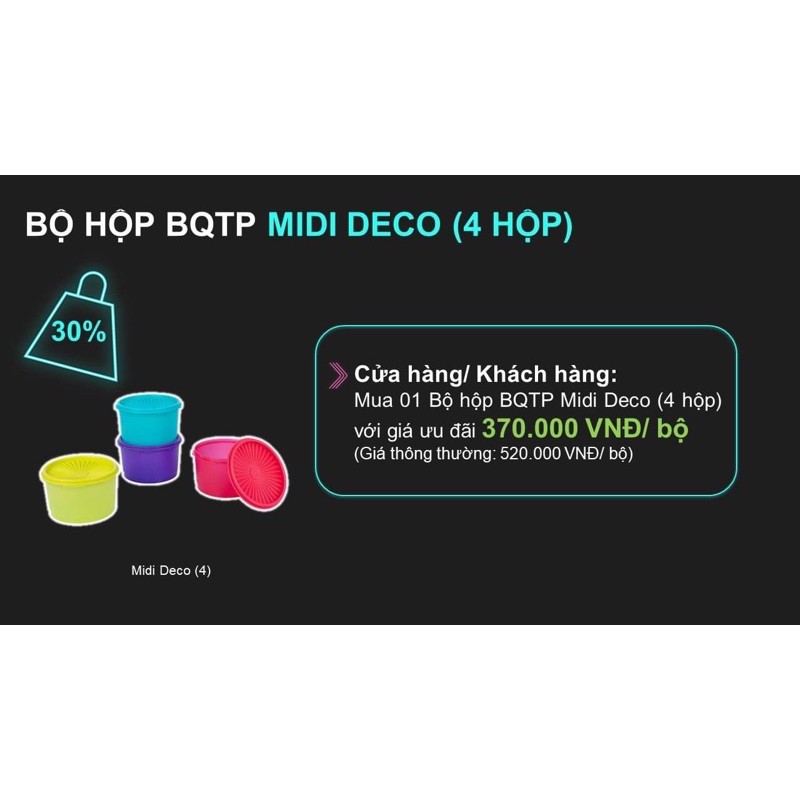 Set bộ hộp bảo quản thực phẩm Midi deco 4 hop 1 lit tupperware