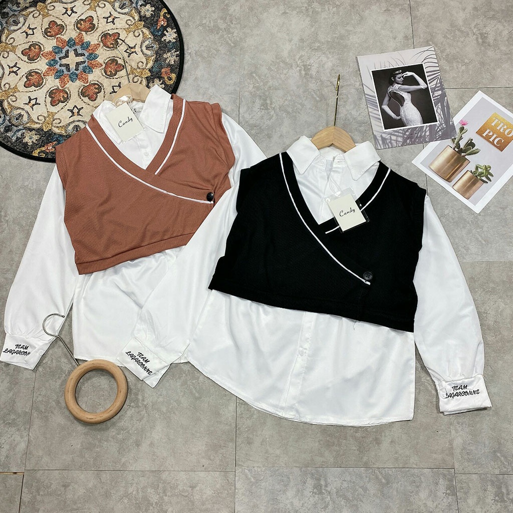 Áo Sơ Mi Nữ Dài Tay Kèm Gile Len 47-57kg