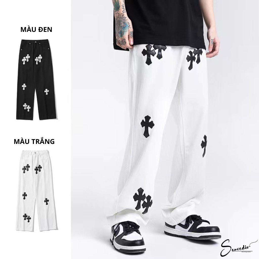 Quần jean nam ống rộng dáng suông SANVADIO quần nam ống rộng kaki chữ thập thêu da cao cấp thời trang hottrend QD26