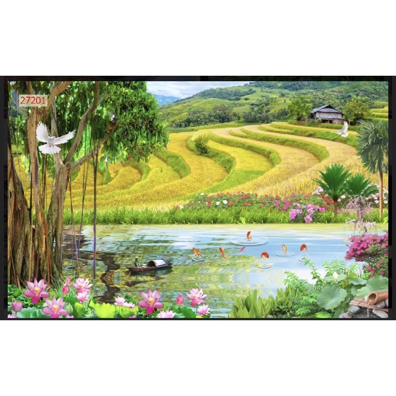 Tranh phong cảnh ruộng bậc thang dán tường 3d. tranh in vải lụa chống thấm nước siêu bền