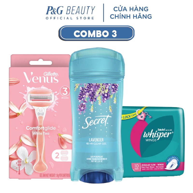 Combo P&amp;G: Bộ dao cạo Venus, Gel khử mùi Secret 73g - Lavender, Băng vệ sinh Whisper 10 miếng