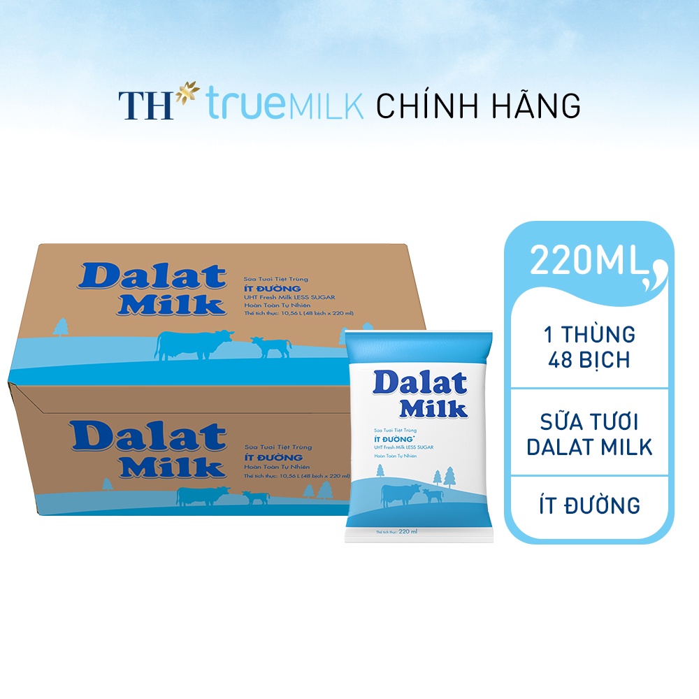 Thùng 48 bịch sữa tươi tiệt trùng ít đường Dalatmilk 220ml (220ml x 48)