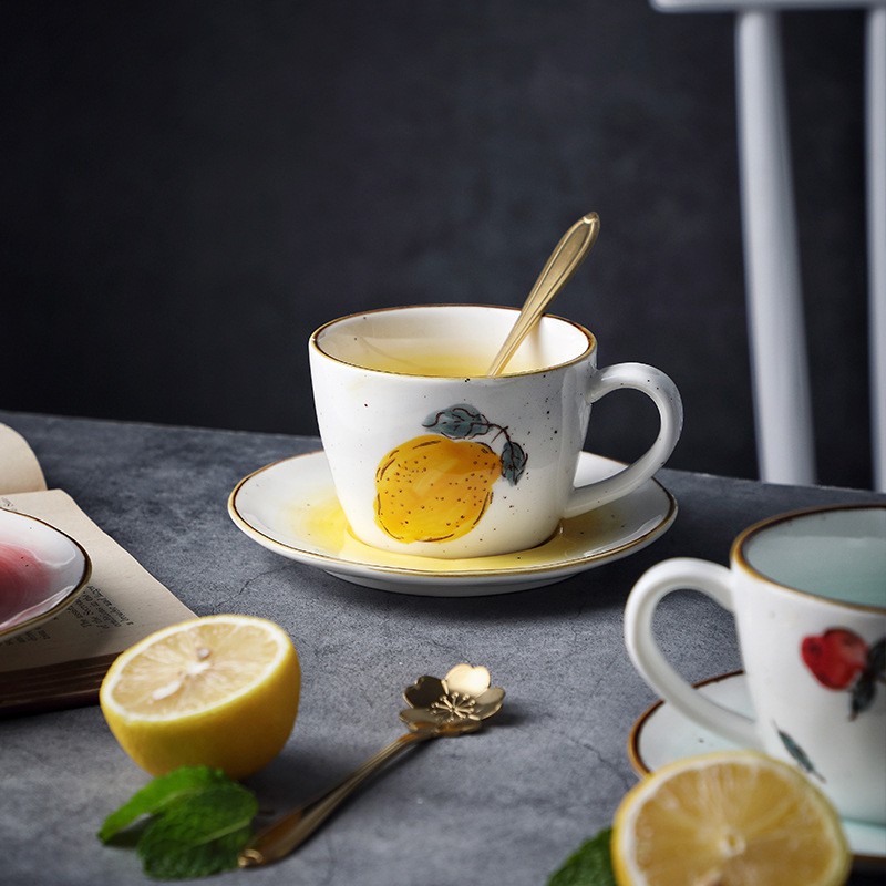Cốc uống trà cốc, uống nước đẹp họa tiết chanh vàng viền nâu phong cách vintage