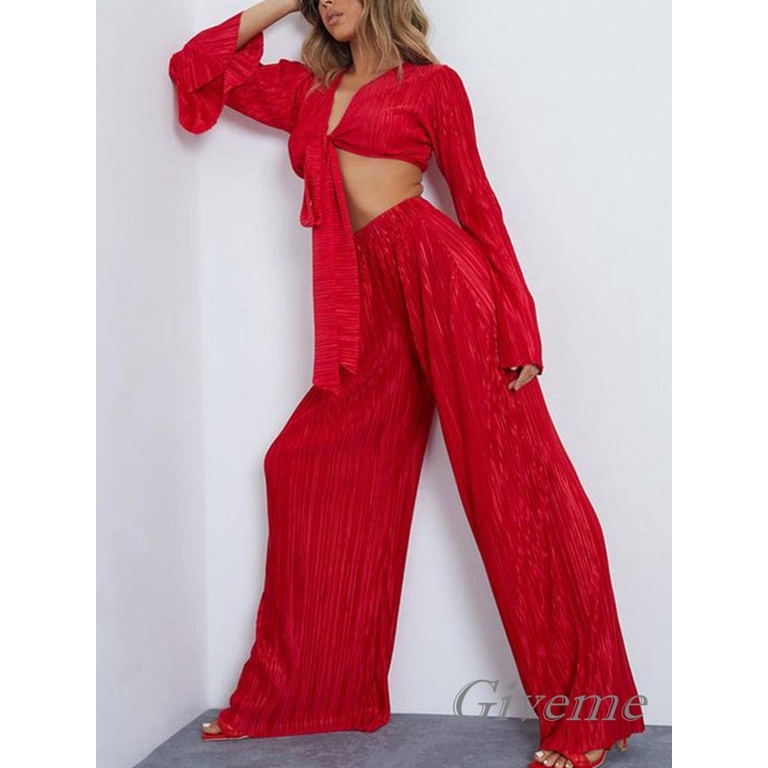 Set Áo Lửng Hai Dây Cổ V Sâu + Quần Dài Ống Rộng Thời Trang Nữ